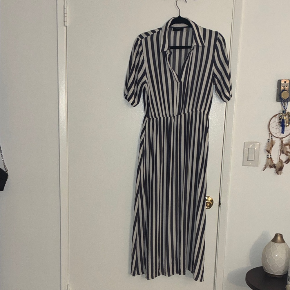 T Tahari Navy and White Striped Maxi Dress